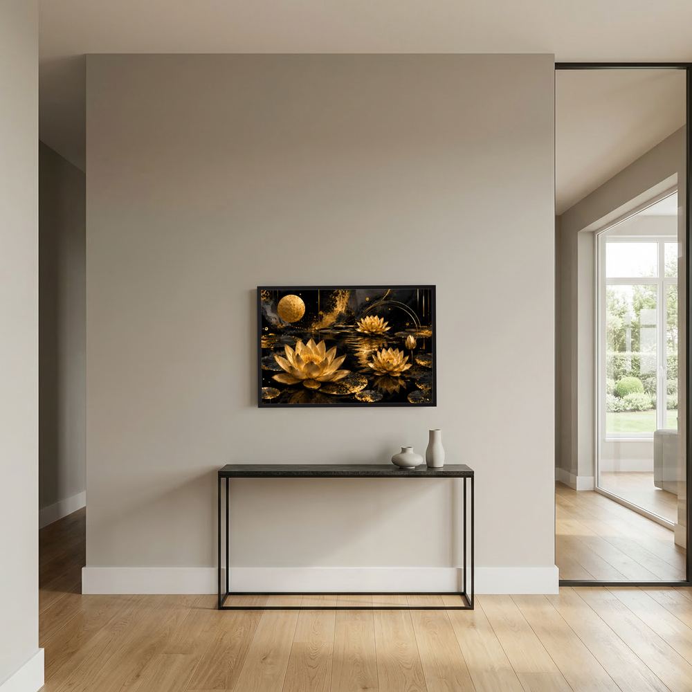 Gerahmtes Wandbild mit goldenen Lotusblüten auf dunklem Wasser, schwarzer Rahmen