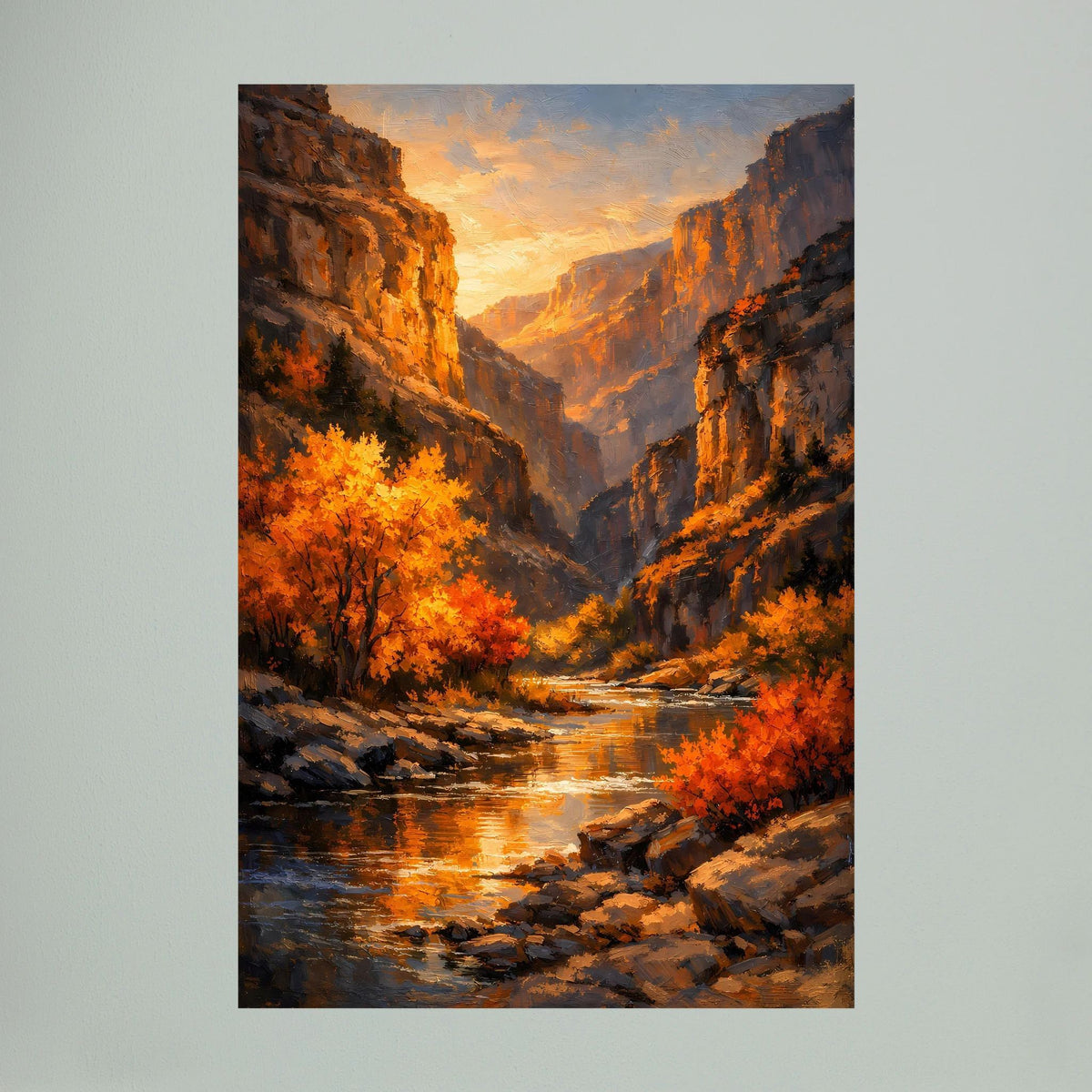 Wandbild im Hochformat mit Canyon, spiegelndem Fluss und orangefarbenen Herbstbäumen