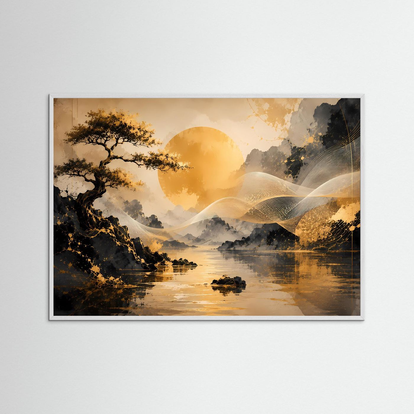 Querformat-Poster im weißen Holzrahmen: goldener Bonsai am See mit Sonnenmotiv