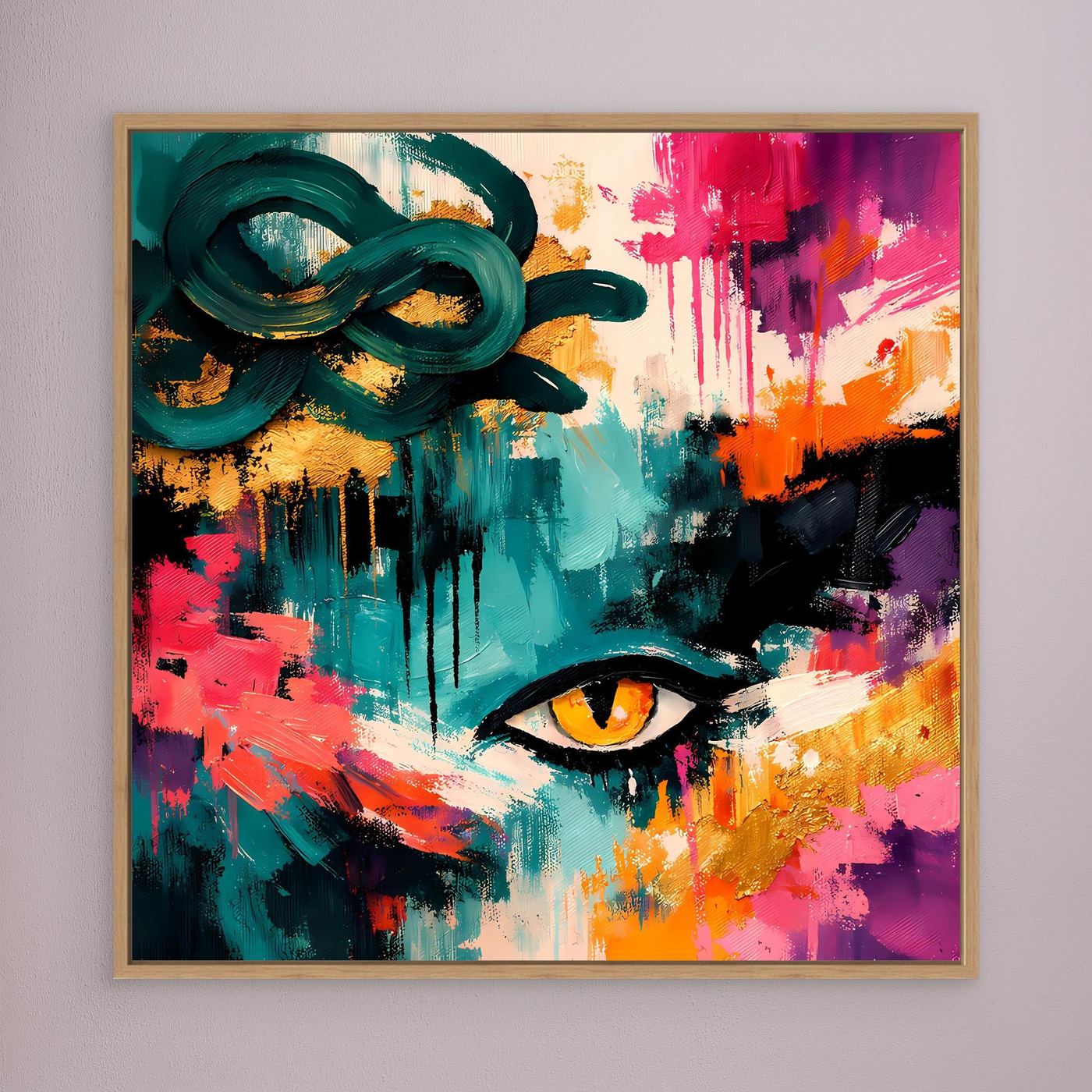 Gerahmtes Leinwand-Wandbild mit abstraktem Medusa-Auge, bunten Farbspritzern in Blau, Grün und Pink