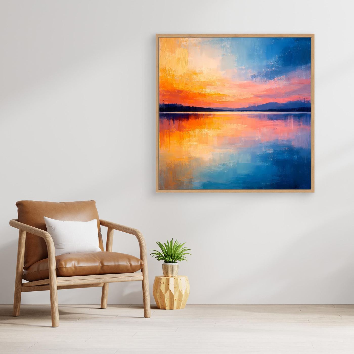 Abstraktes Wandbild auf Leinwand, See-Spiegelung beim Sonnenuntergang, Blau-Orange-Farbverlauf