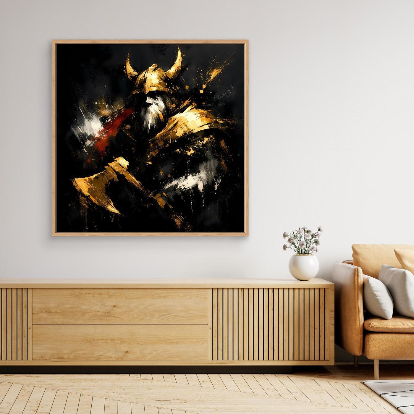 Leinwand Goldener Wikinger Krieger | Abstraktes Nordmann Wandbild Modern