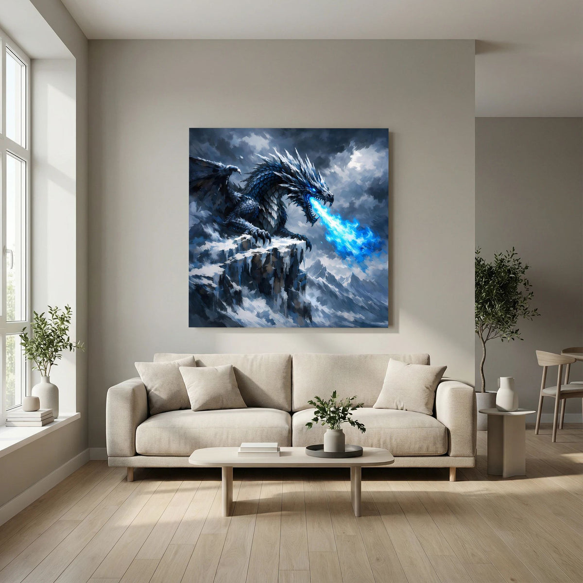 Fantasy-Leinwandbild mit blauem Eisdrache auf Felsplateau und Eisstrahl