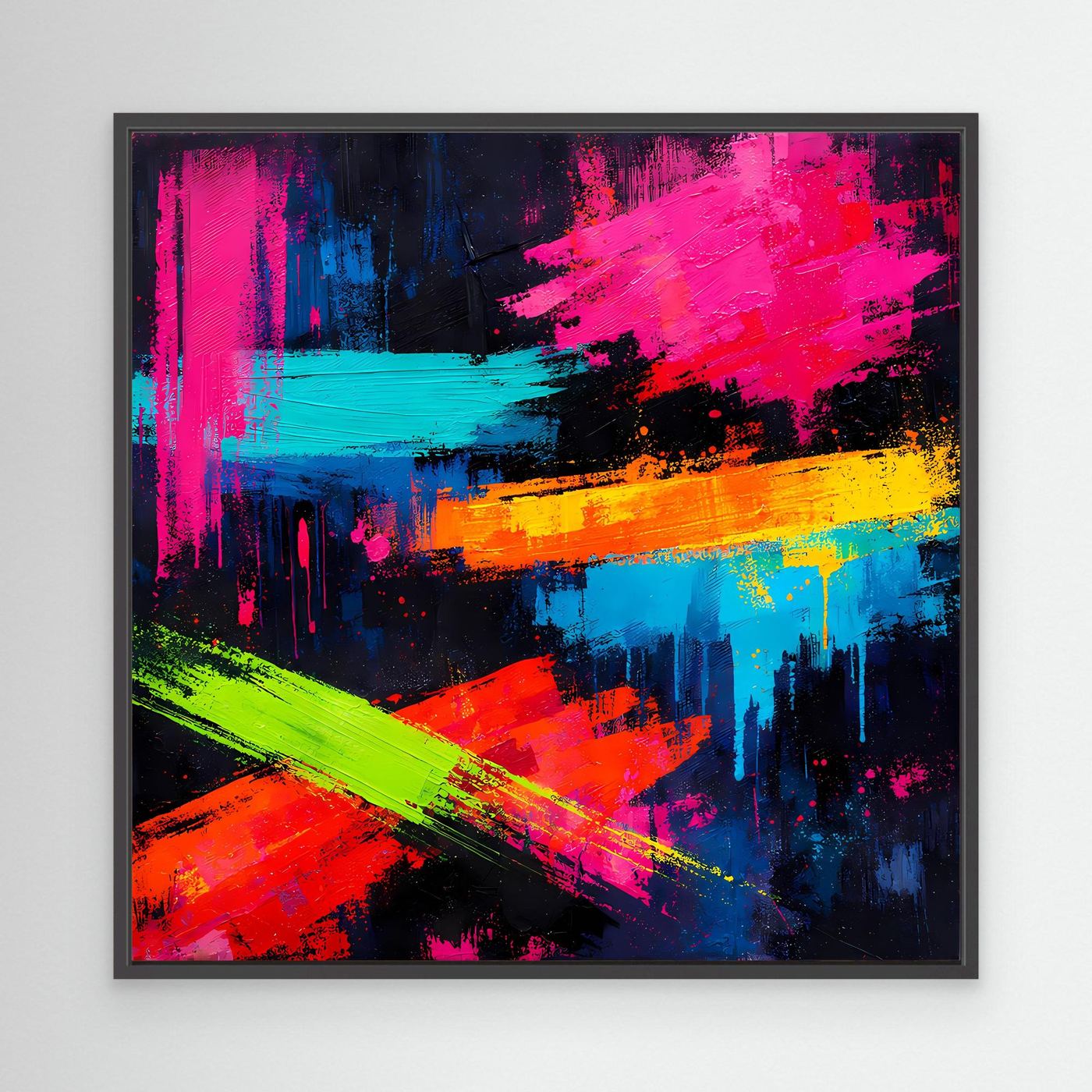 Abstraktes Leinwand-Wandbild mit Neonfarben, schwarzer Rahmen