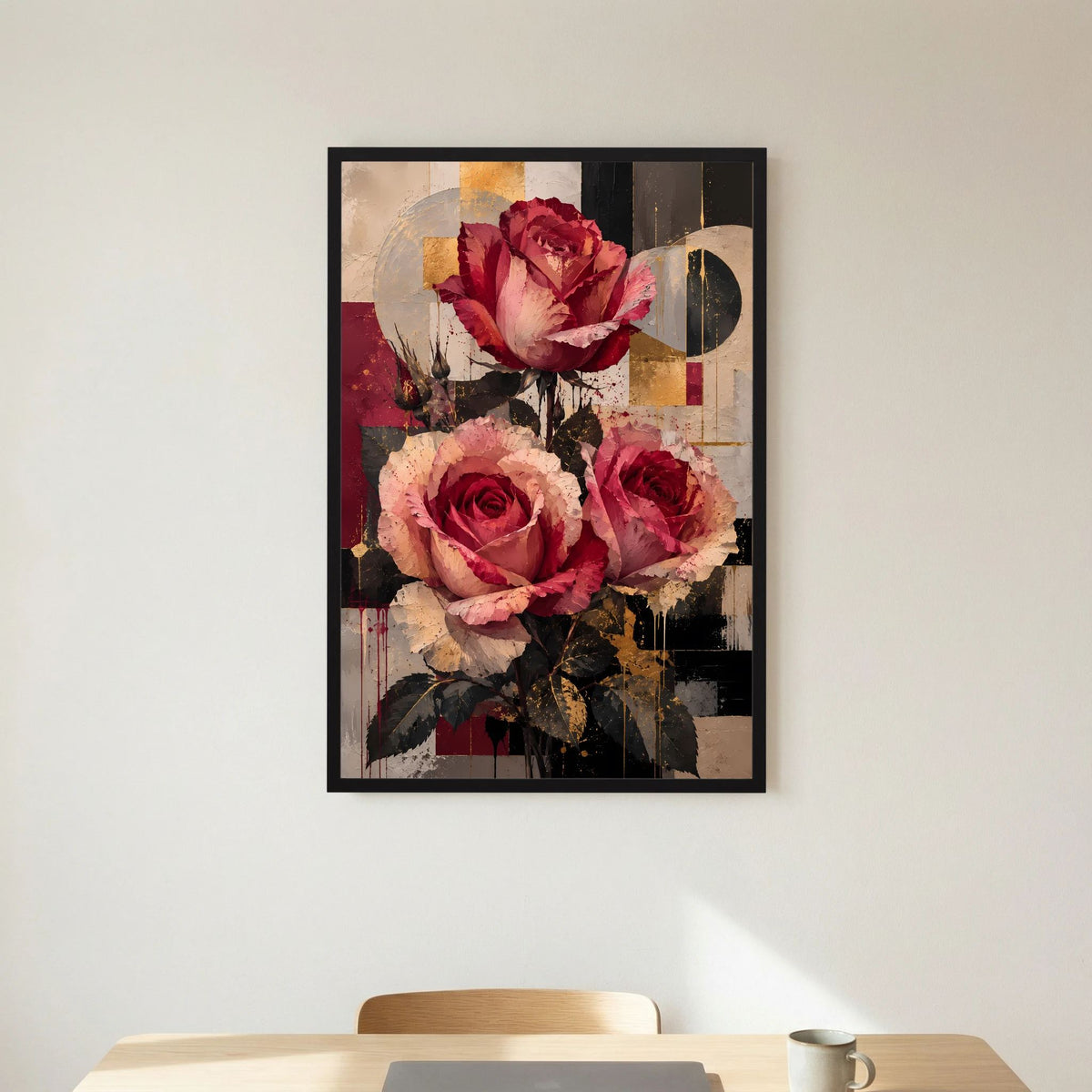 Blumenposter Hochformat: Rosen in Rot und Rosa mit abstrakten Farbflächen; schwarzer Rahmen.