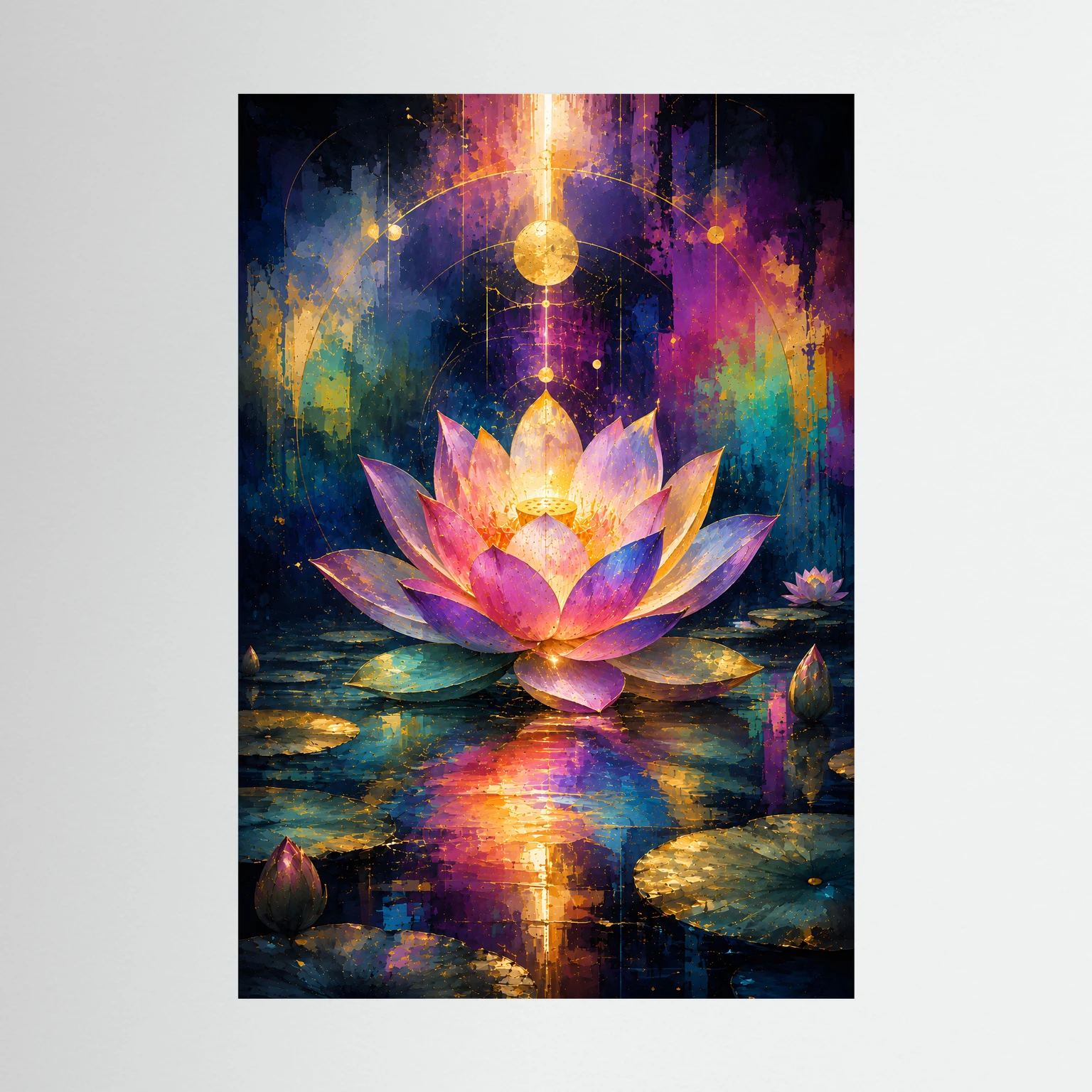 Lotusblüten-Poster im Hochformat: pink-goldene Lotusblume mit Wasserspiegel und Lichtern