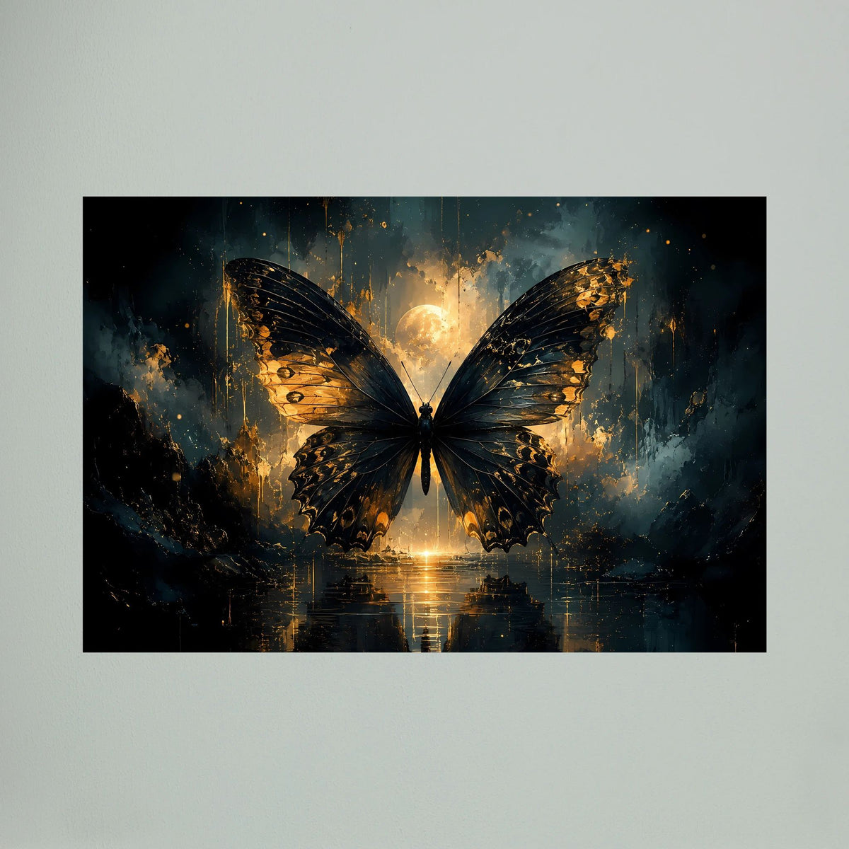 Wandposter mit gold-schwarzen Schmetterflügeln und Spiegelung im Wasser