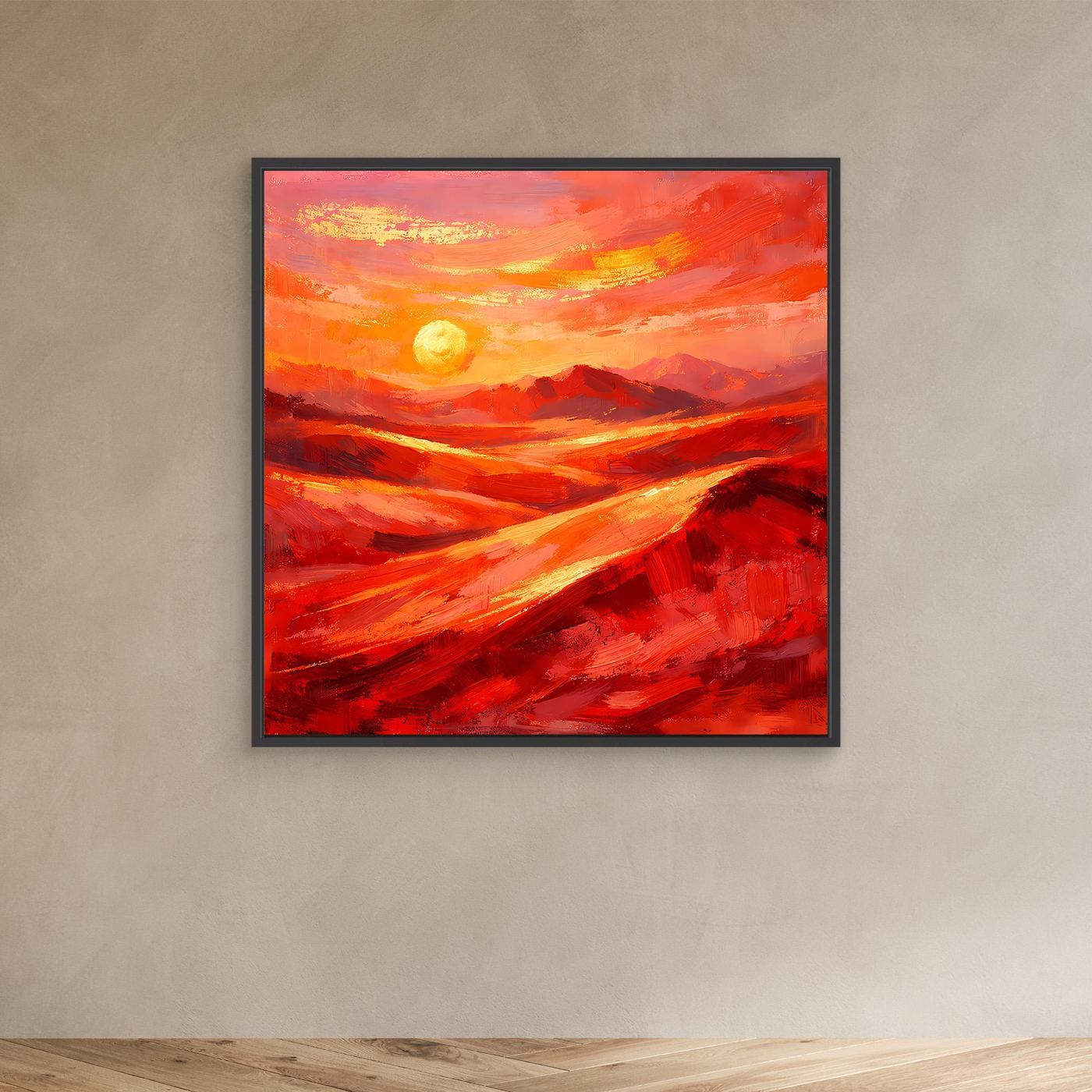 Abstraktes Leinwandbild mit Sonne und rot-orangenen Farbflächen, schwarzer Rahmen