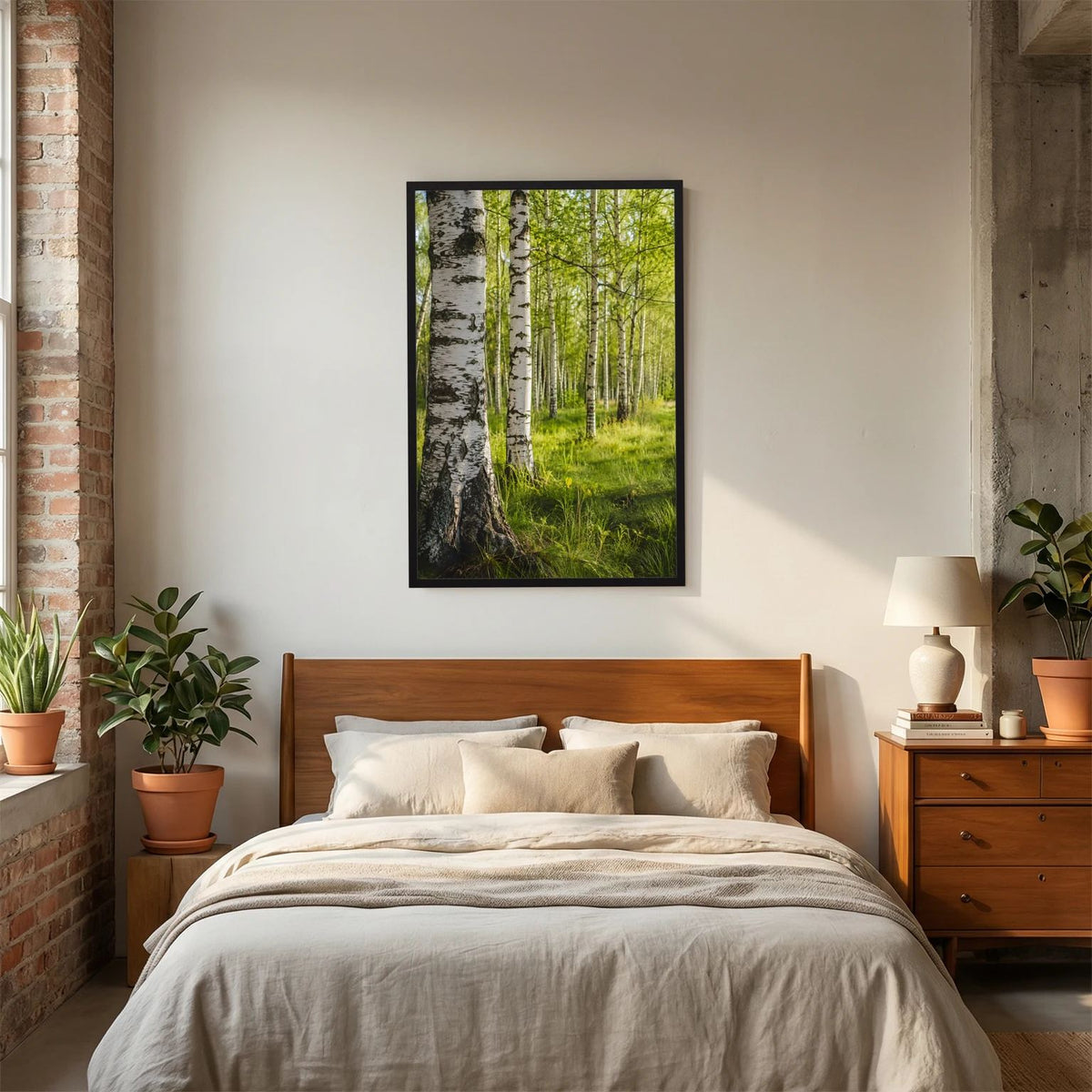 Poster im Hochformat: Birkenwald mit grüner Wiese, heller Holzrahmen mit weißem Rand