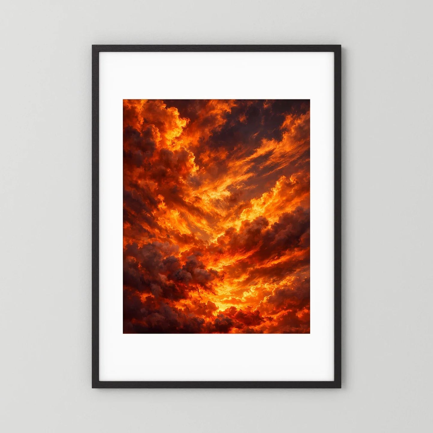 Wandposter mit schwarzem Rahmen und weißem Rand: Orange-Rot-Wolken im Hochformat