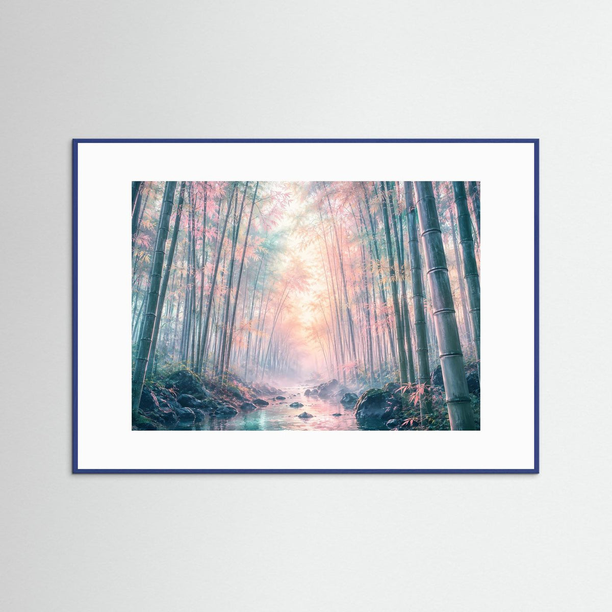 Rechteckiges Wandbild mit Bambuswald, nebliger Lichtstimmung, blauem Rahmen