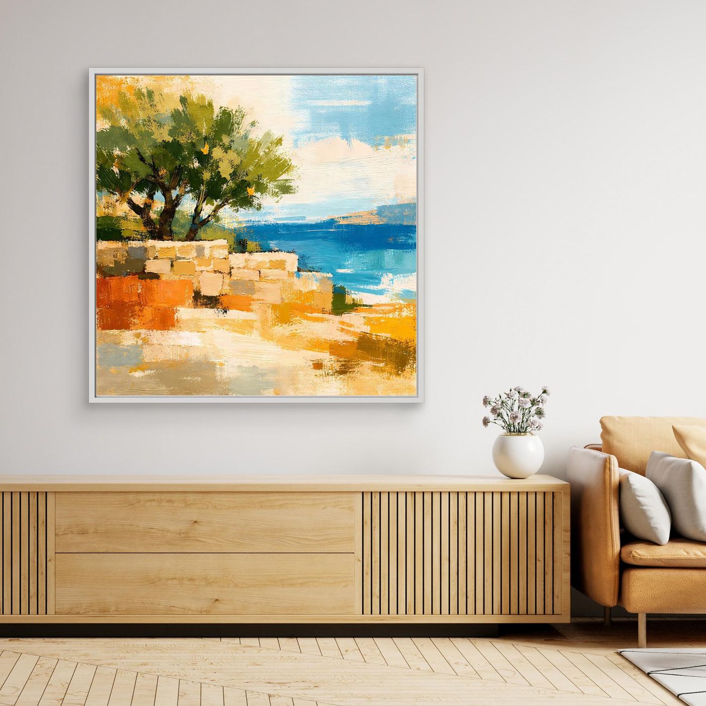 Leinwand Olivenbaum an der Mittelmeerküste | Abstraktes Natur Strand Wandbild