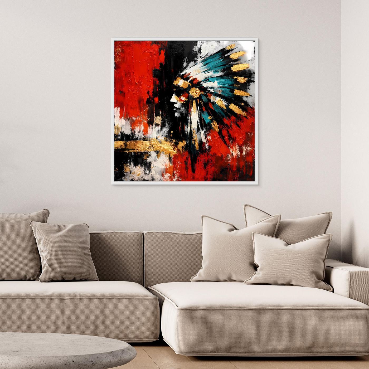 Leinwand-Wandbild mit abstraktem Porträt, Rot, Schwarz und Türkis, silberner Rahmen