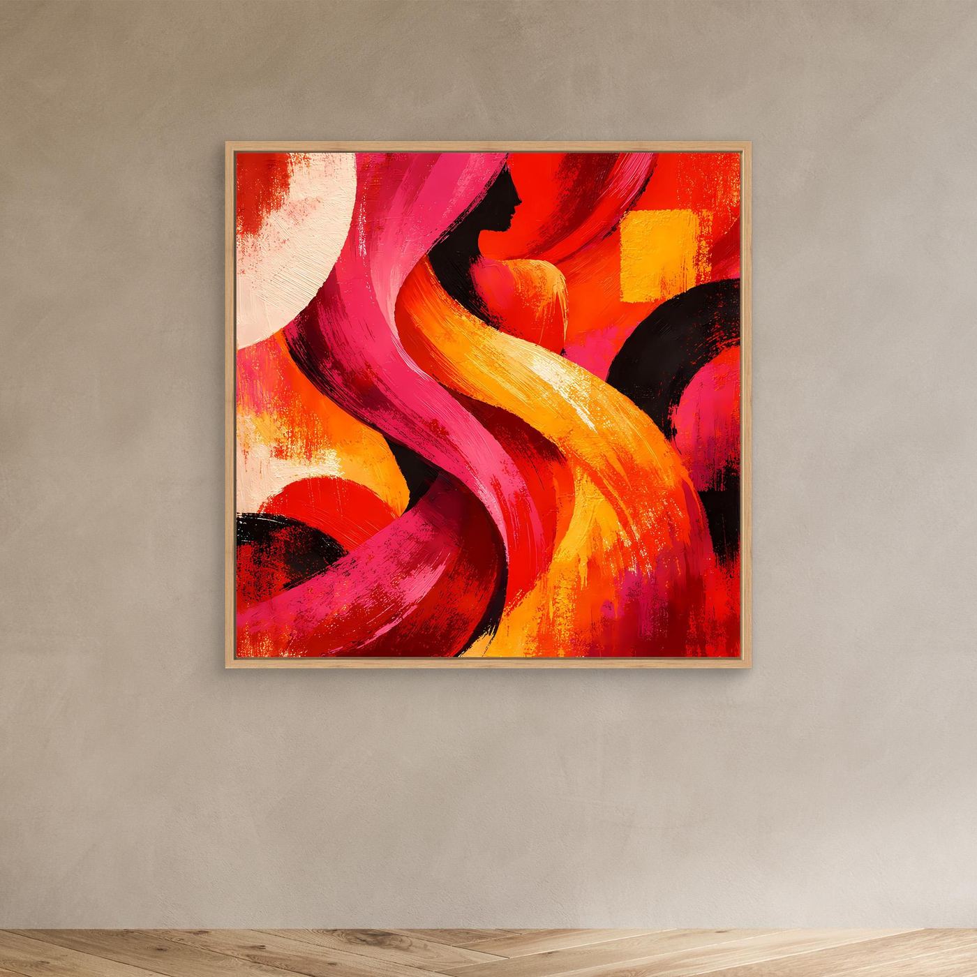 Leinwandbild mit abstraktem Silhouettenmotiv, rot, pink und gelbe Farbwirbel, mit Rahmen