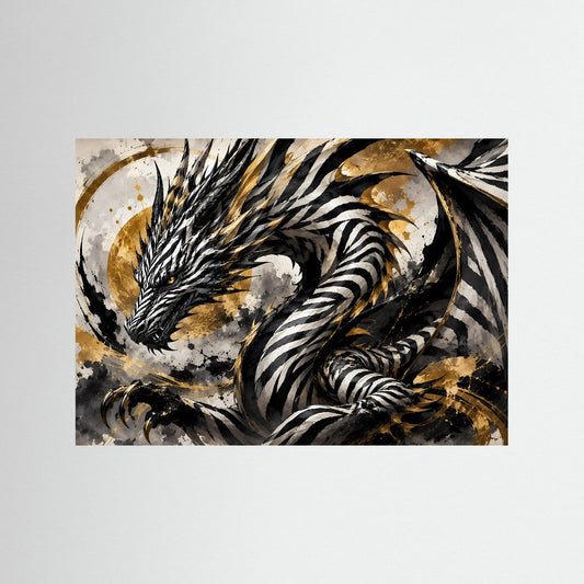Querformat-Drachenposter mit gestreiftem Drachen in Schwarz, Weiß und Gold