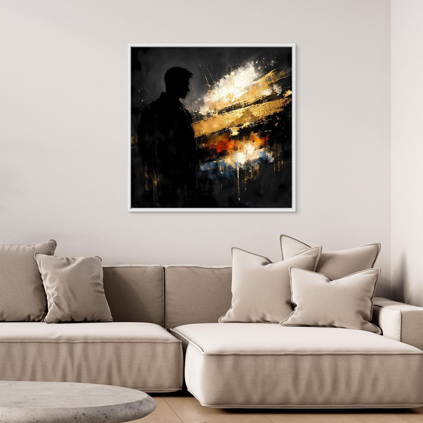 Leinwand Markante Silhouette in Gold und Schwarz | Modernes Abstraktes Männer Portrait Wandbild