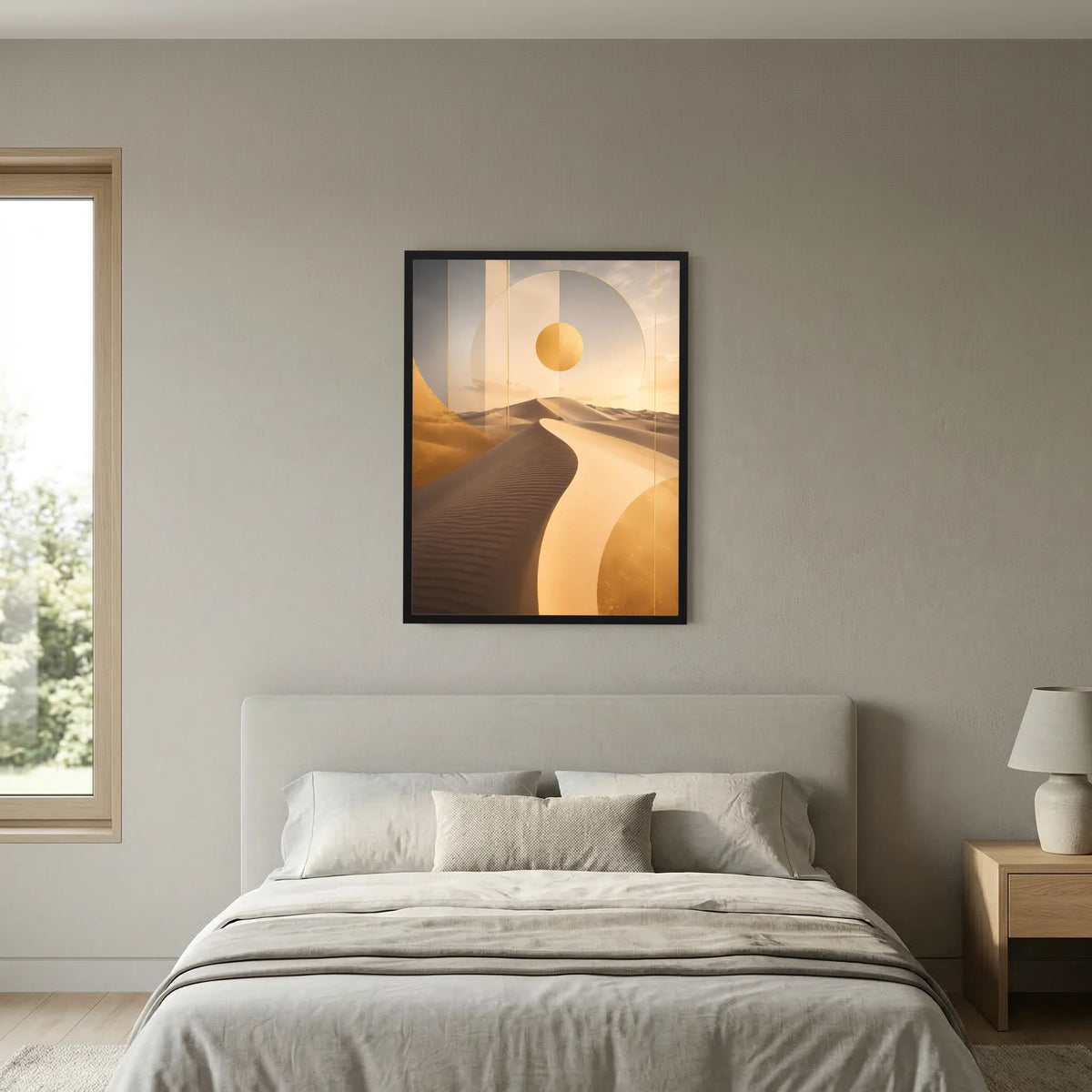 Hochformatiges Poster mit abstrakten Dünen und runder goldener Sonne im schwarzen Rahmen