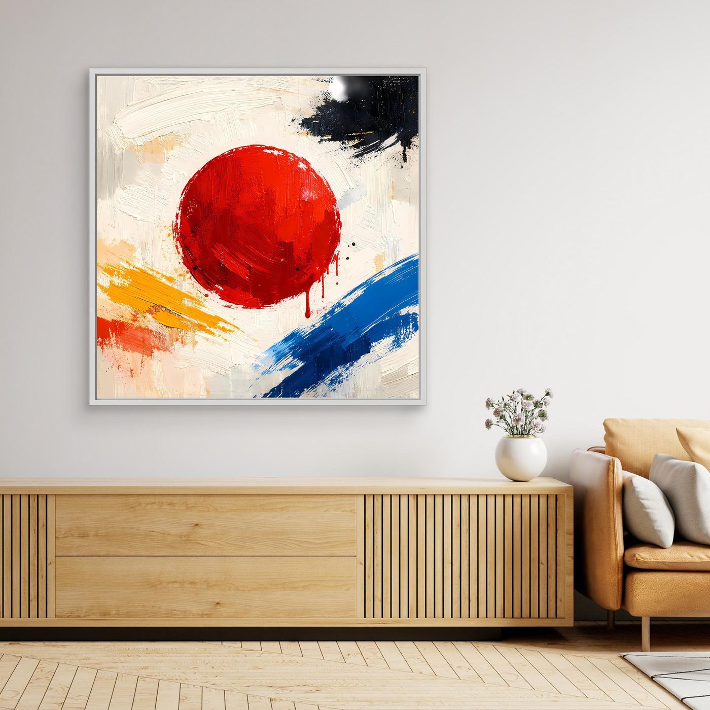 Framed abstract red sun canvas with bold brush strokes on light textured background