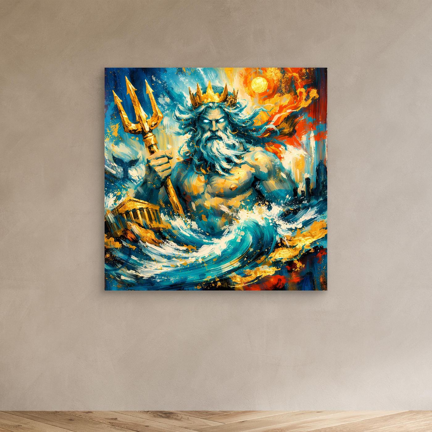 Leinwandbild mit Poseidon-Gestalt, goldenen Speeren und Meerwellen, ohne sichtbaren Rahmen