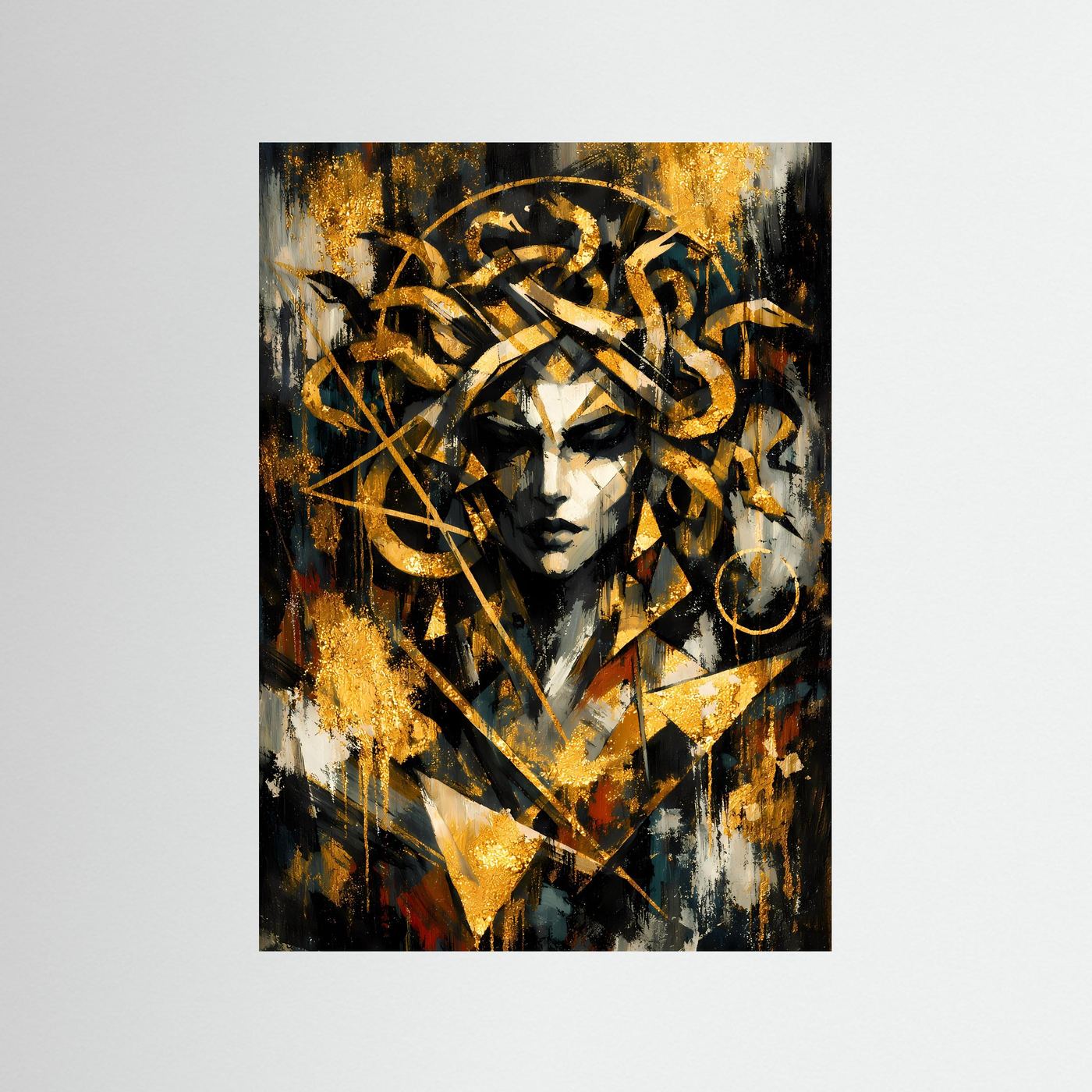 Mythologie-Poster im Hochformat mit Medusa-Porträt in Gold-, Schwarz- und Weißtönen