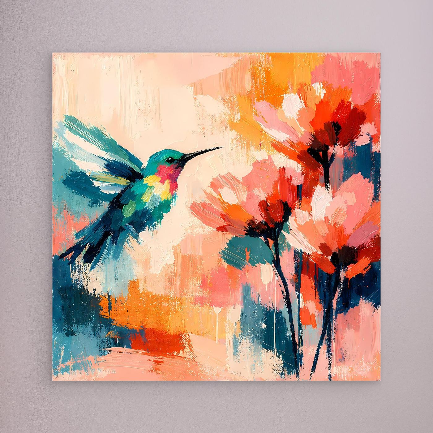 Unframed abstract hummingbird and flowers wall art with colorful paint strokes