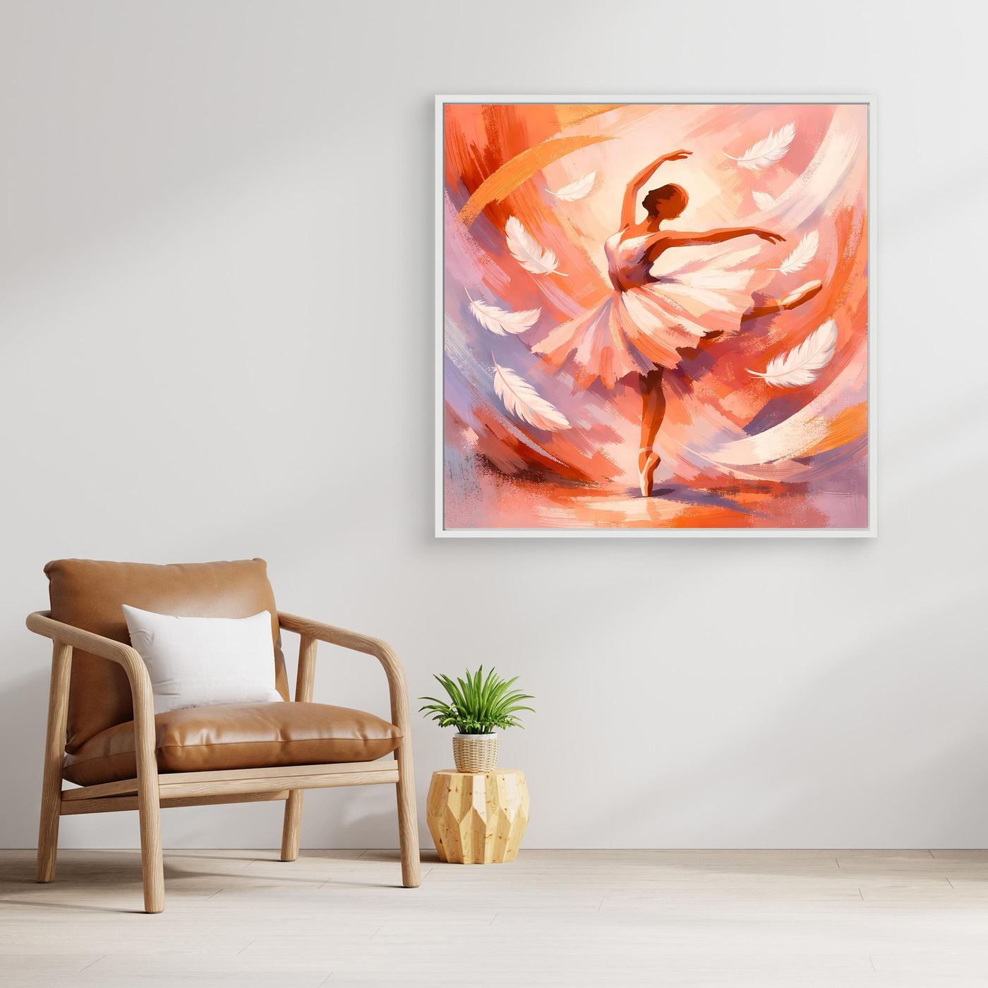 Abstraktes Leinwandbild mit Ballerina in warmen Orange- und Rosatönen, mit dünnem Rahmen