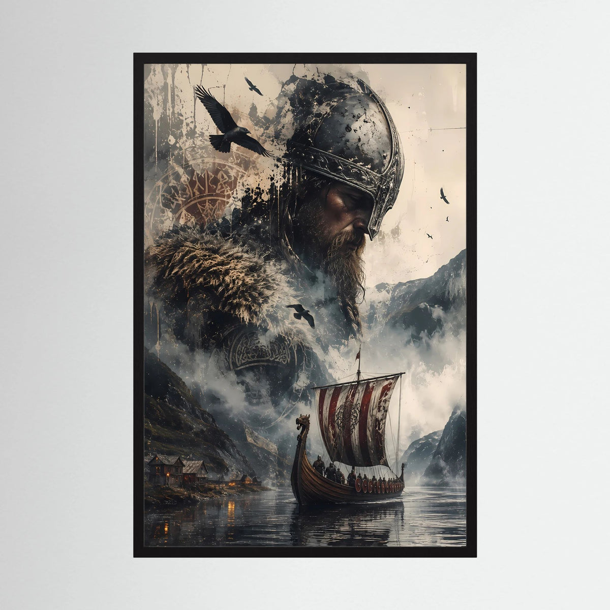 Nordisches Poster mit Wikingerkrieger im Helm und Langschiff auf Fjordwasser, schwarzer Rahmen