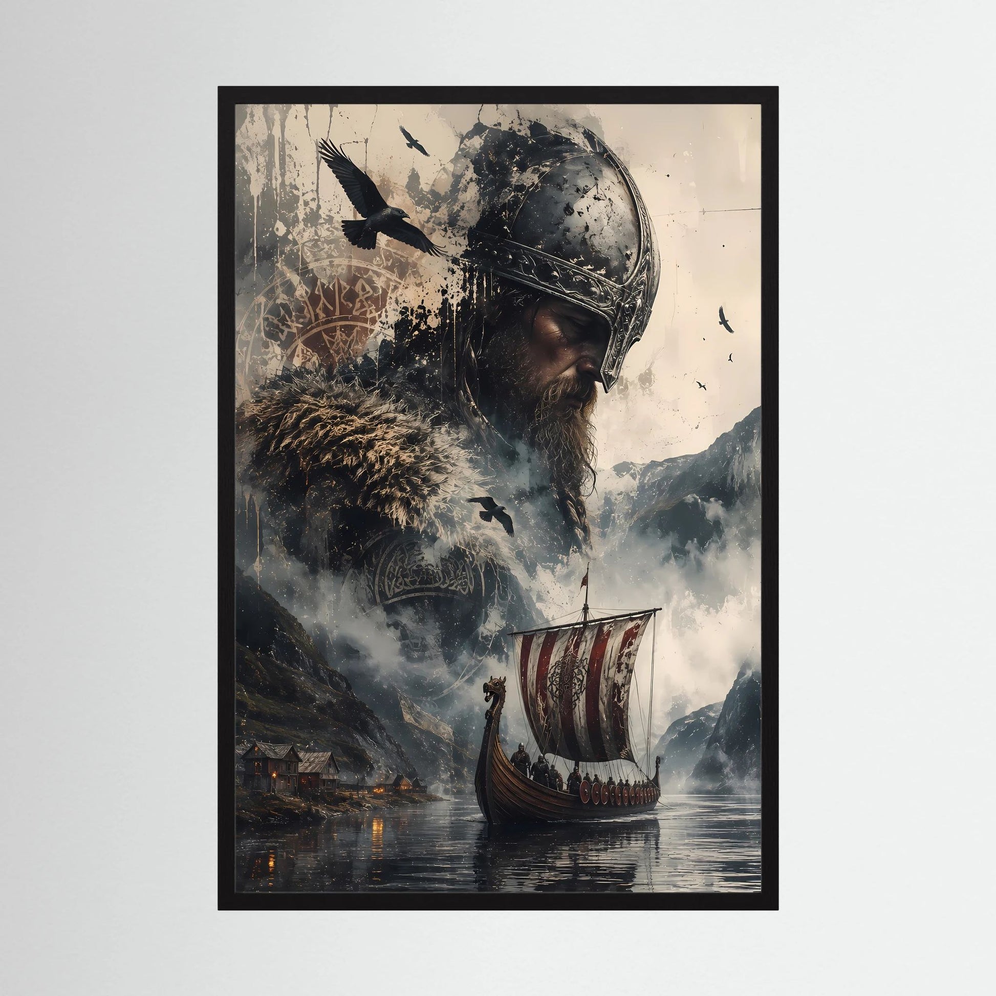 Nordisches Poster mit Wikingerkrieger im Helm und Langschiff auf Fjordwasser, schwarzer Rahmen