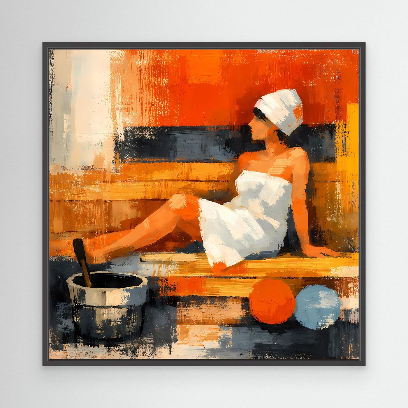 Abstract sauna wall art with dark frame; reclining woman, bucket and orange-blue balls