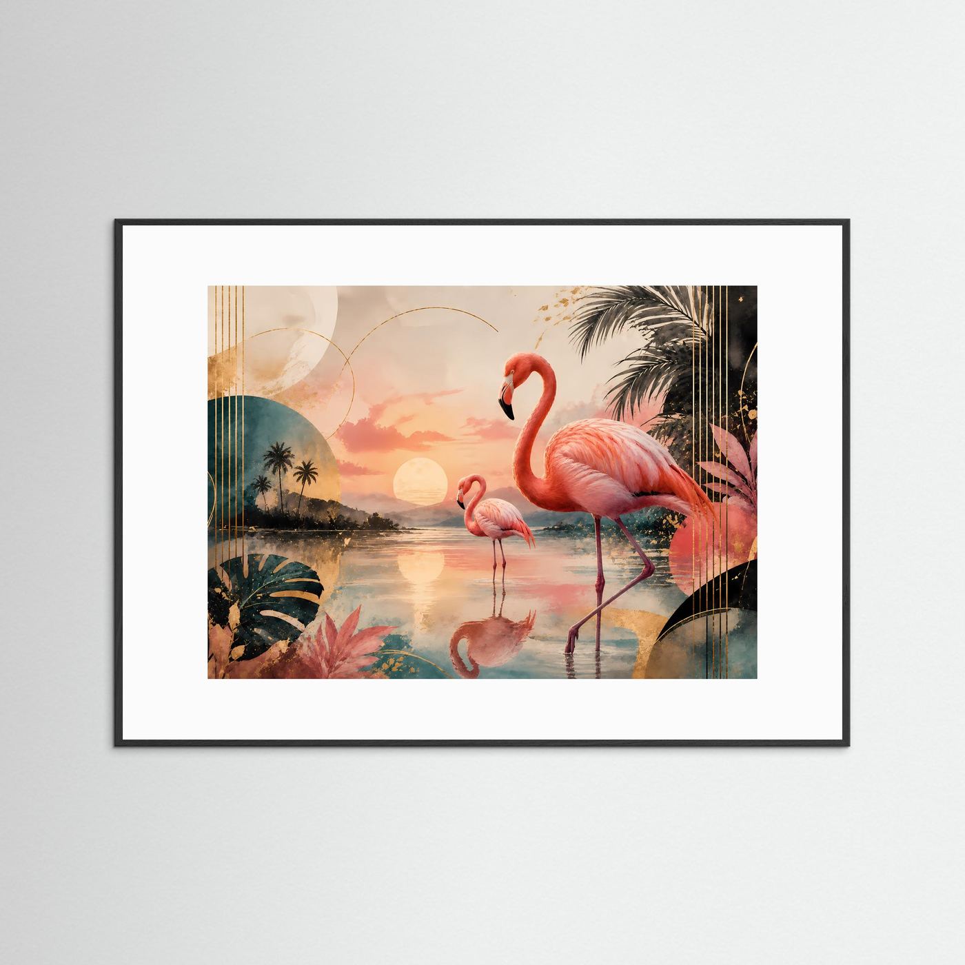Elegante Flamingos in tropischer Lagune bei Sonnenuntergang | Exotische Flamingo Wandkunst in Rosa, Petrol, Gold & Creme | Modernes Tier Poster im Querformat mit Palmen und abstrakten Formen