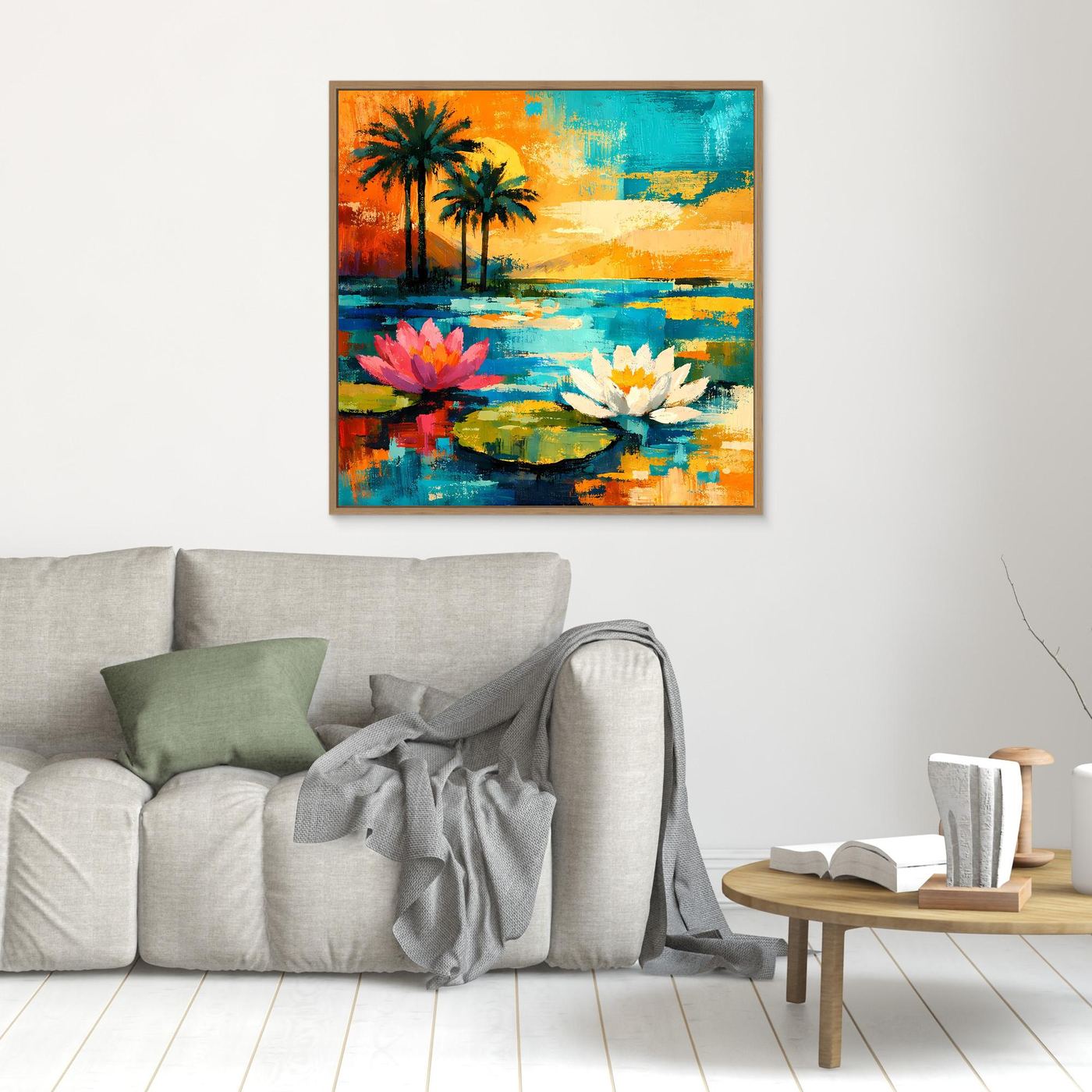 Leinwand-Wandbild an der Wand: Palmen, Seerosen und abstrakte Muster in Blau, Türkis und Orange