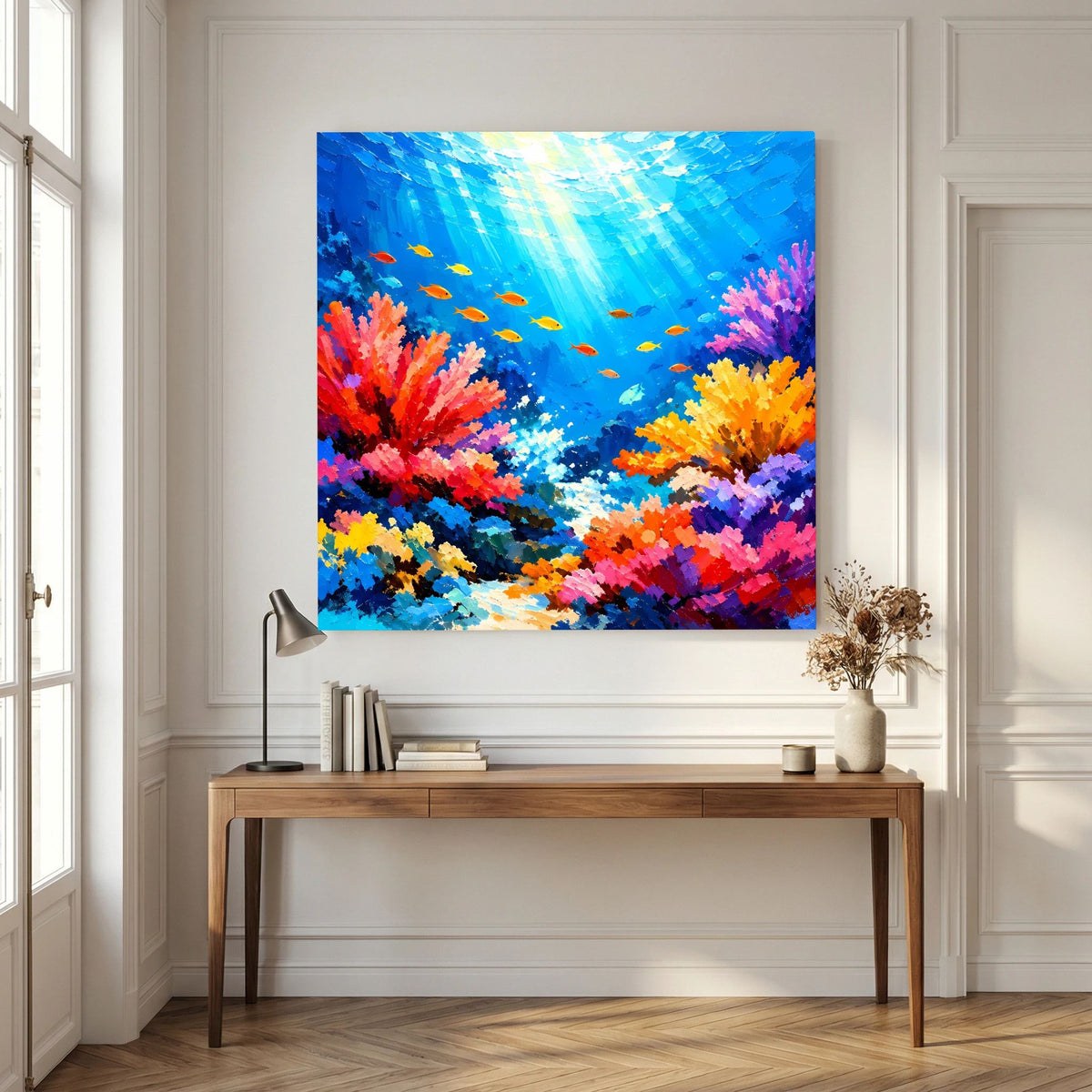 Quadratisches Leinwandbild: Unterwasser-Korallenriff mit Fischen und farbenfrohen Korallenformen