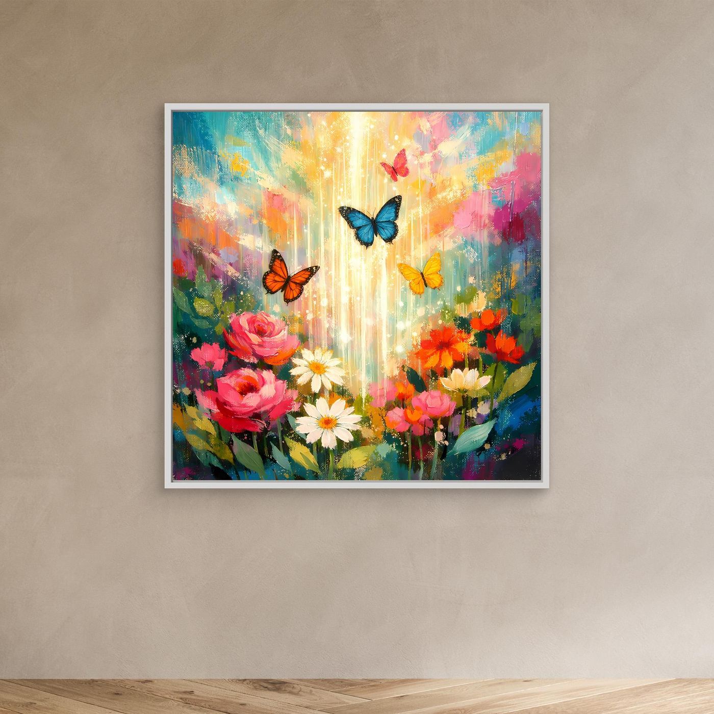Wandbild mit weißem Rahmen: Blumenstrauß mit Schmetterlingen in leuchtenden Farben