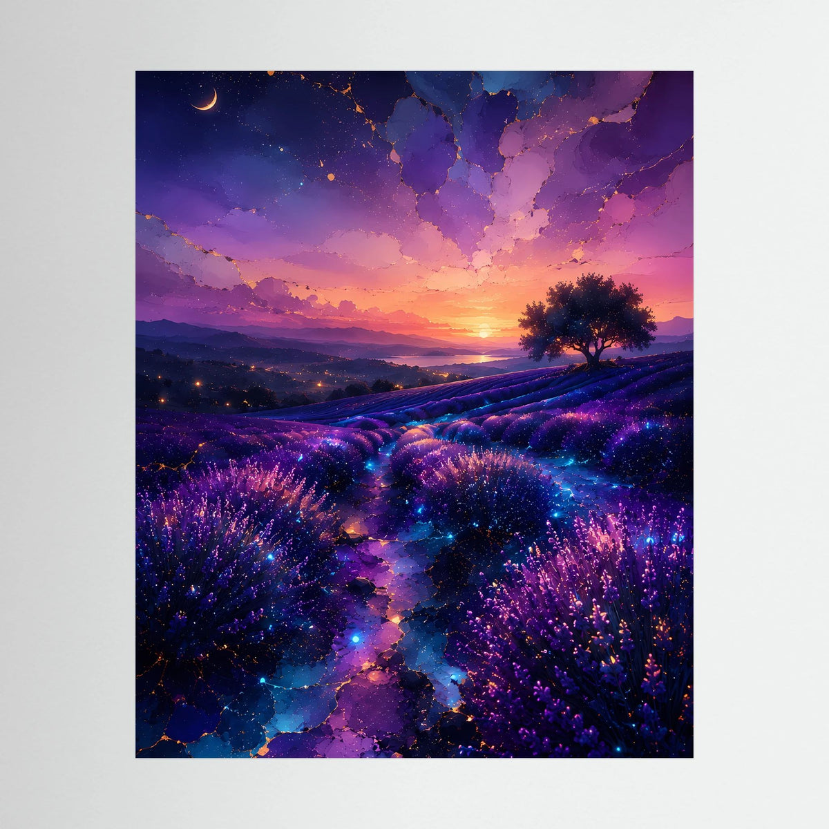 Hochformat-Poster mit leuchtendem Lavendelfeld in Violett und Blau beim Sonnenuntergang
