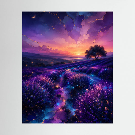 Hochformat-Poster mit leuchtendem Lavendelfeld in Violett und Blau beim Sonnenuntergang