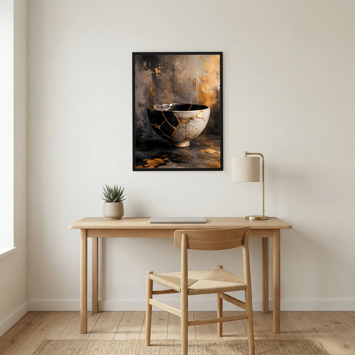 Gerahmtes Hochformat-Poster: Schale mit goldenen Rissen, Schwarz-Weiß-Kontraste und warmem Farbverlauf