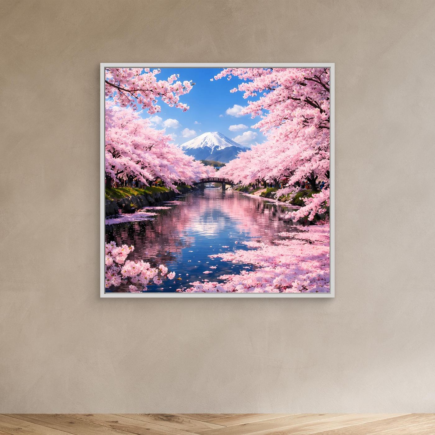 Leinwandbild mit Kirschblüten, Fluss und Fuji-Motiv im weißen Rahmen