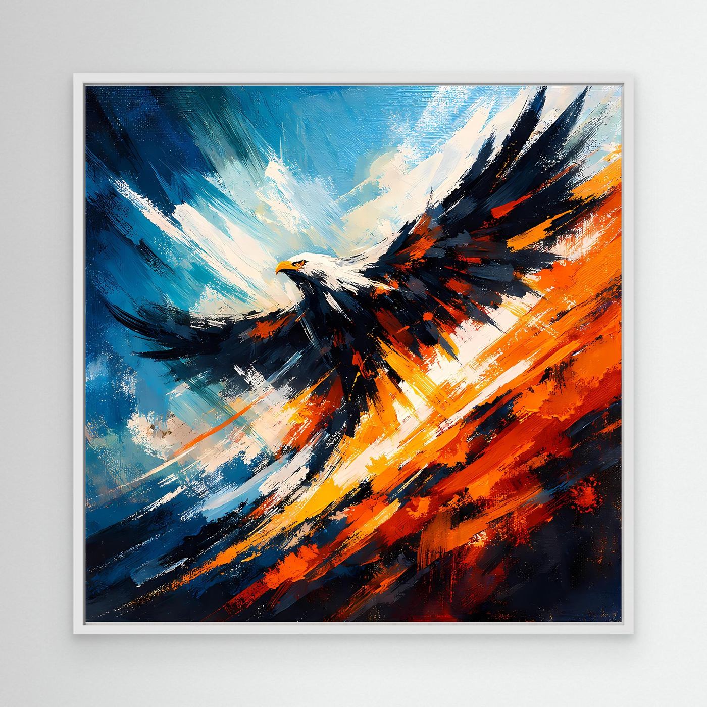 Abstraktes Leinwand-Wandbild mit Adler im Flug, blau-orange Farben, weißer Rahmen