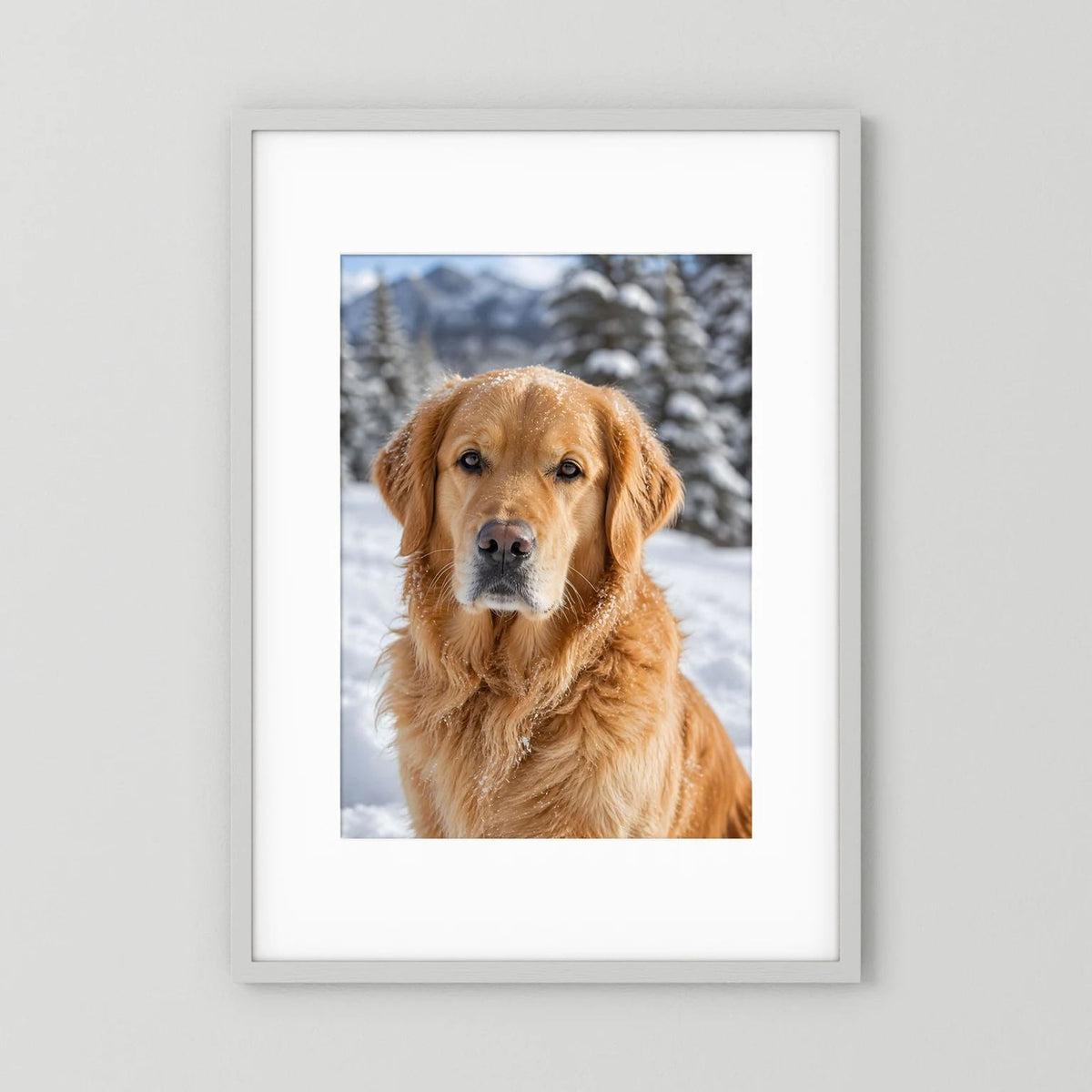 Gerahmtes Hochformat-Poster mit goldenem Retriever im Schnee, Porträtansicht