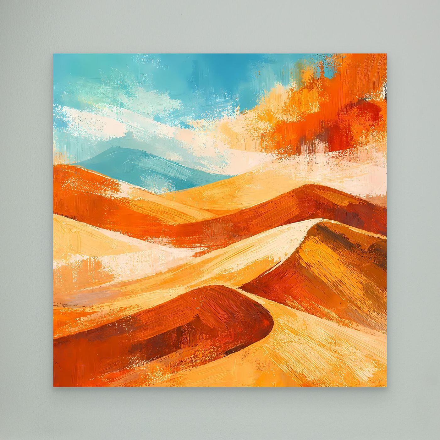 Abstract desert landscape canvas art with orange and gold dunes, no frame
