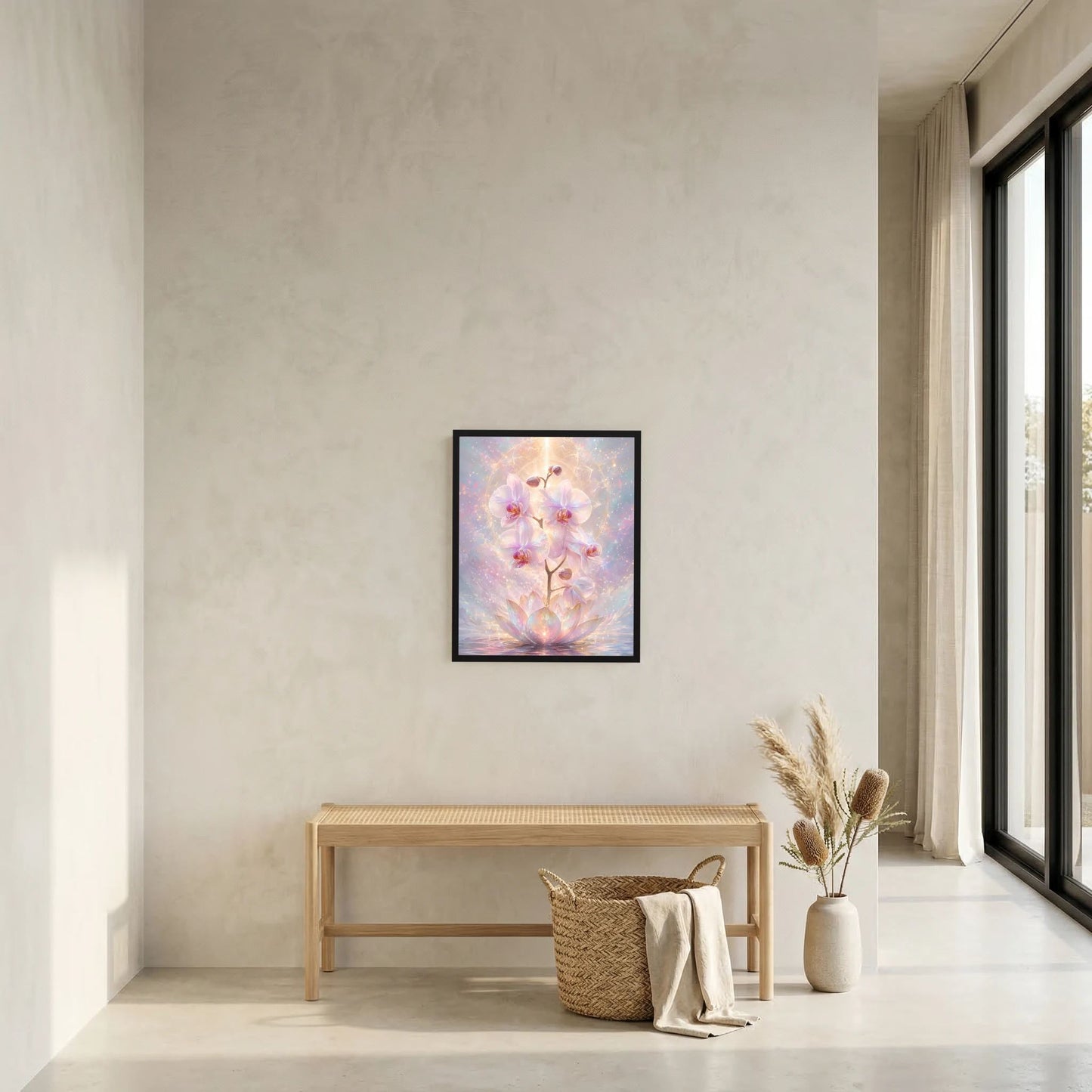 Wandposter im dunklen Rahmen mit pastellfarbenen Orchideen- und Lotusblüten