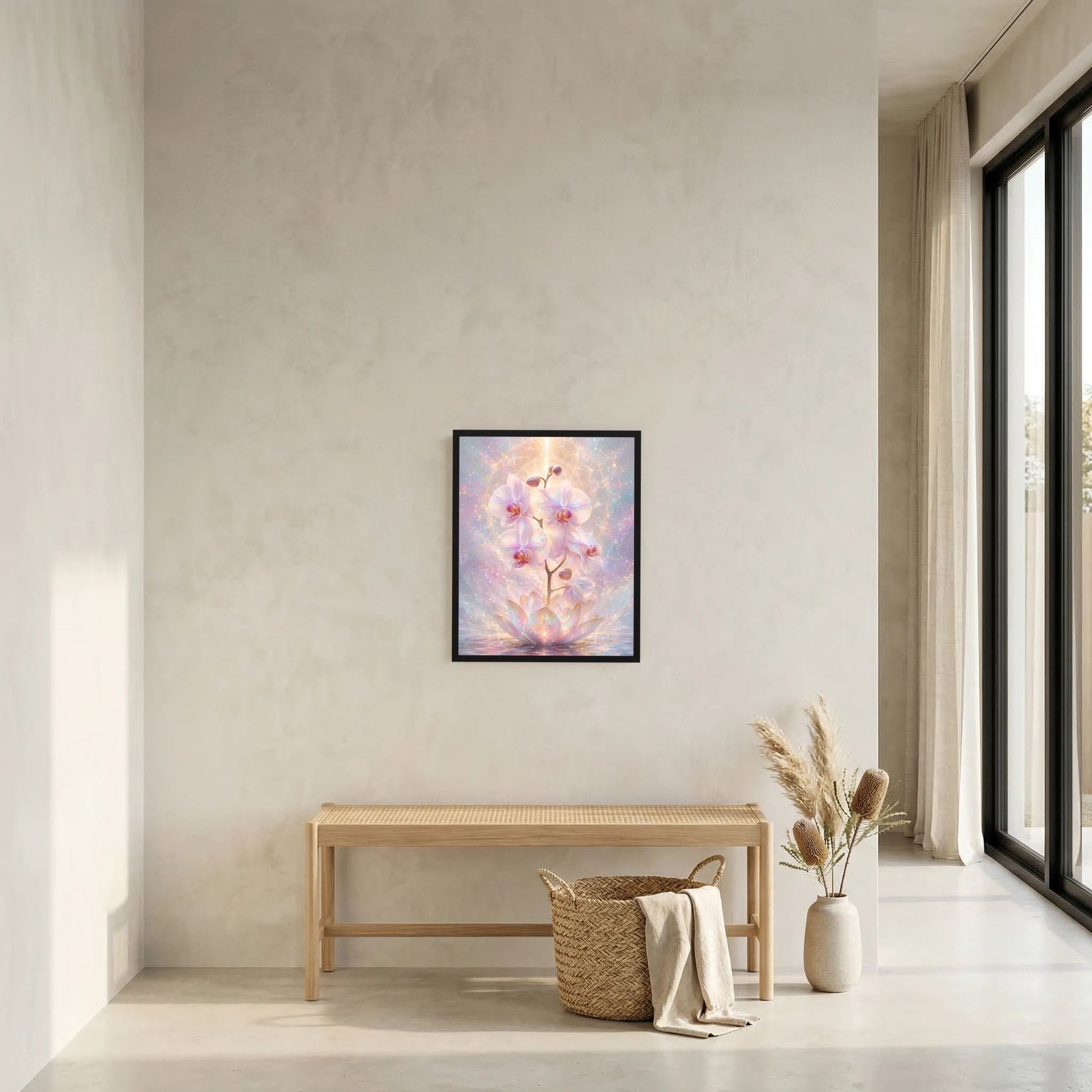 Wandposter im dunklen Rahmen mit pastellfarbenen Orchideen- und Lotusblüten
