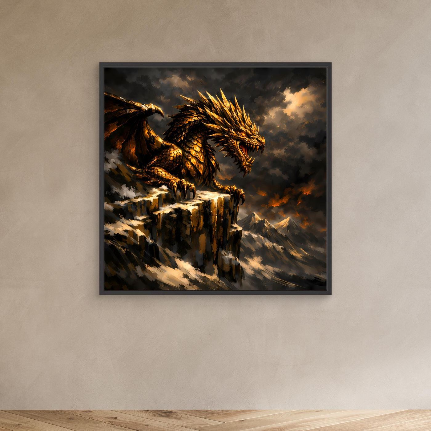 Leinwand Goldener Drache auf Felsgipfel | Episches Fantasy-Wandbild auf Keilrahmen