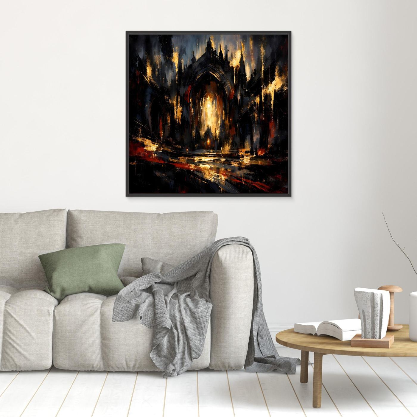Kleines Leinwandbild mit abstrakter gotischer Kathedrale, dunkle Szene und goldene Lichtspitzen im schwarzen Rahmen