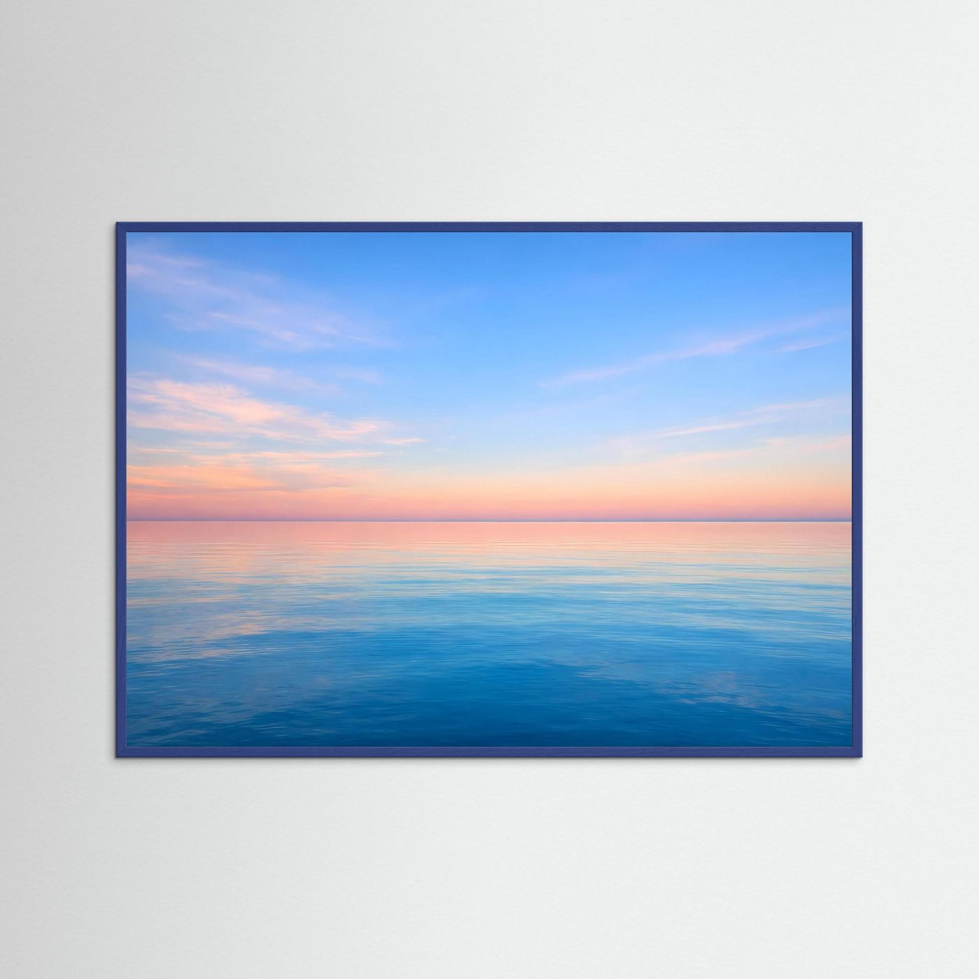 Wandbild Meer bei Sonnenuntergang mit rechteckigem dunkelblauem Rahmen