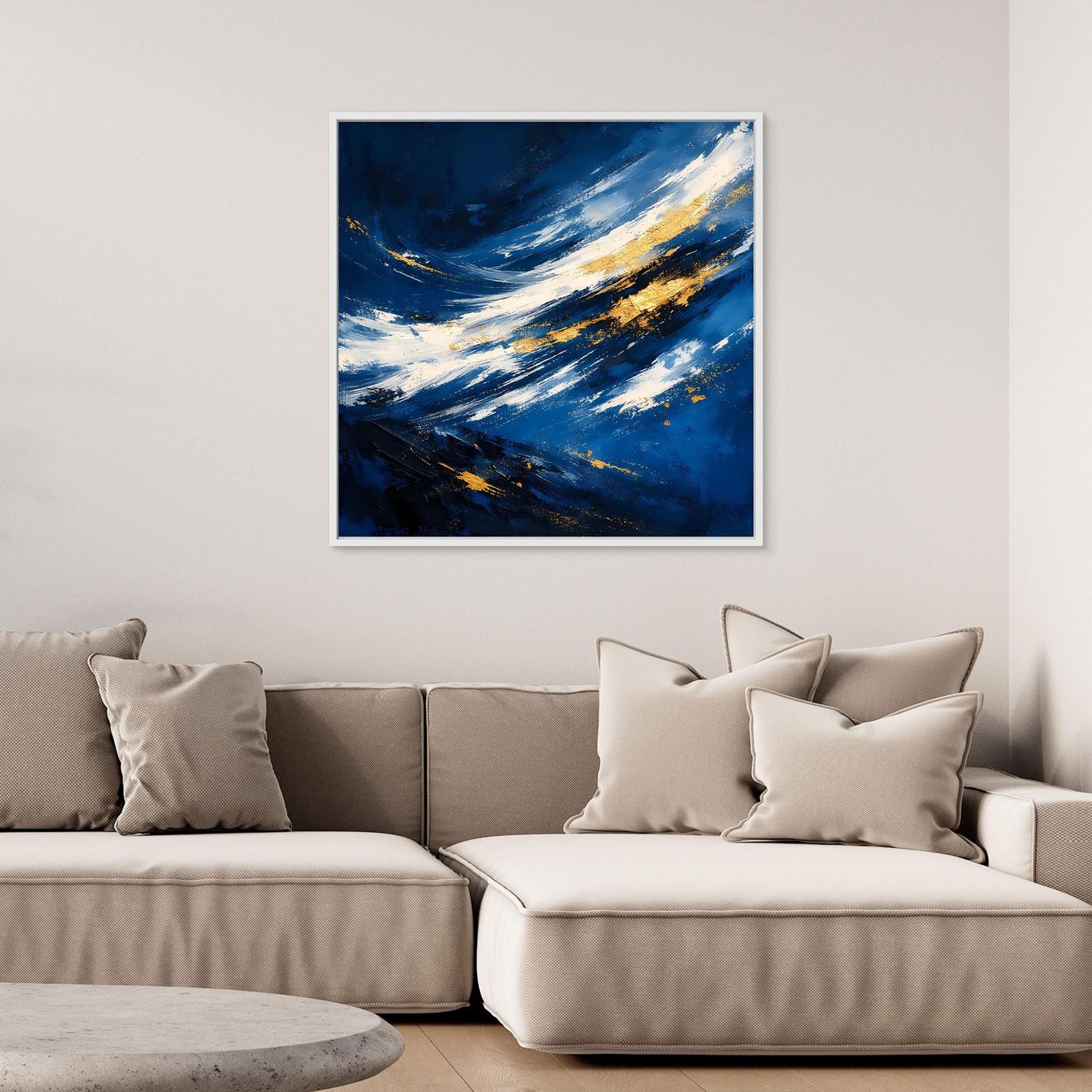 Leinwand Abstraktes Meeresgemälde in Dunkelblau und Gold | Modernes Ozean Wandbild