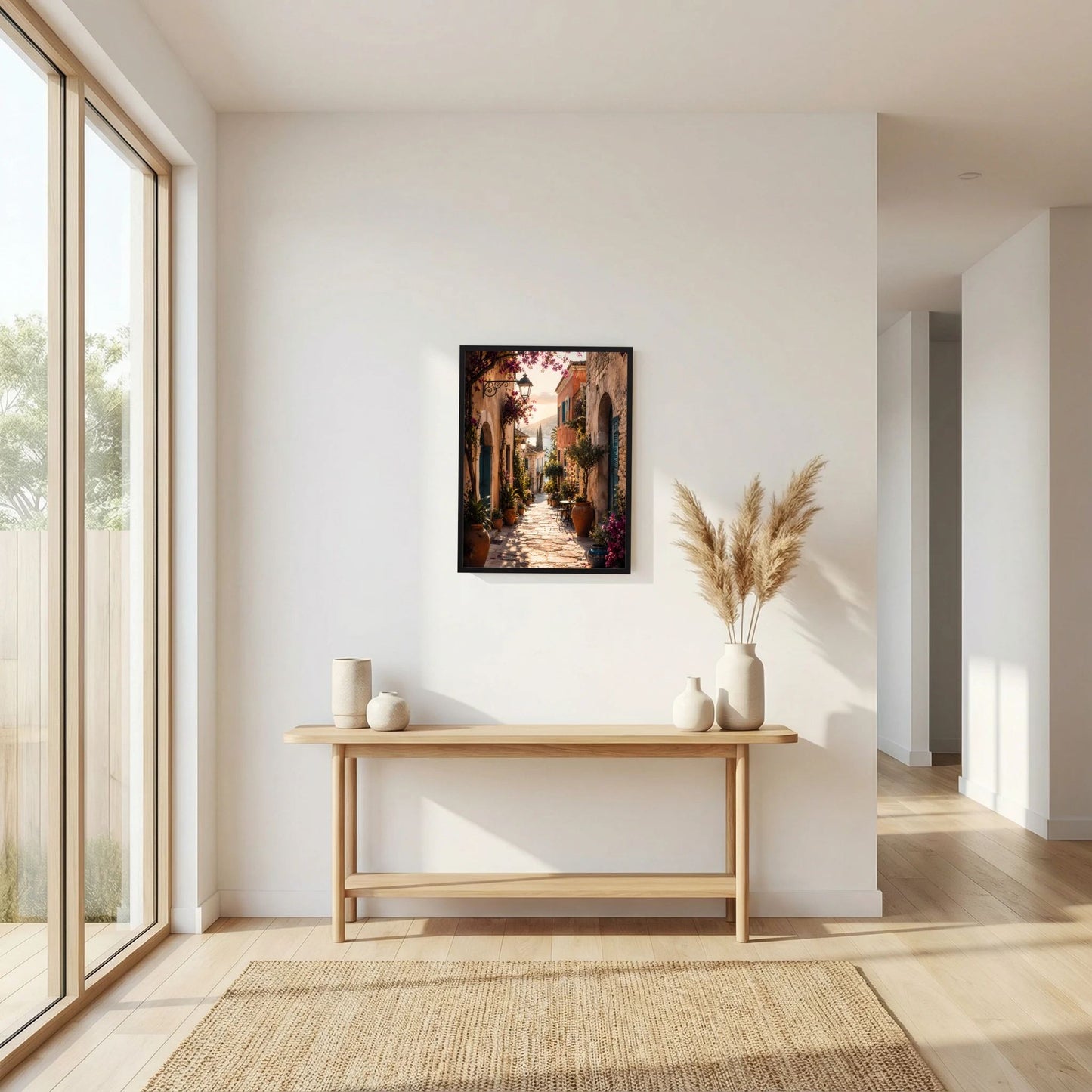 Poster im schwarzen Rahmen: mediterrane Gasse mit Blumen, Hochformat über Konsole