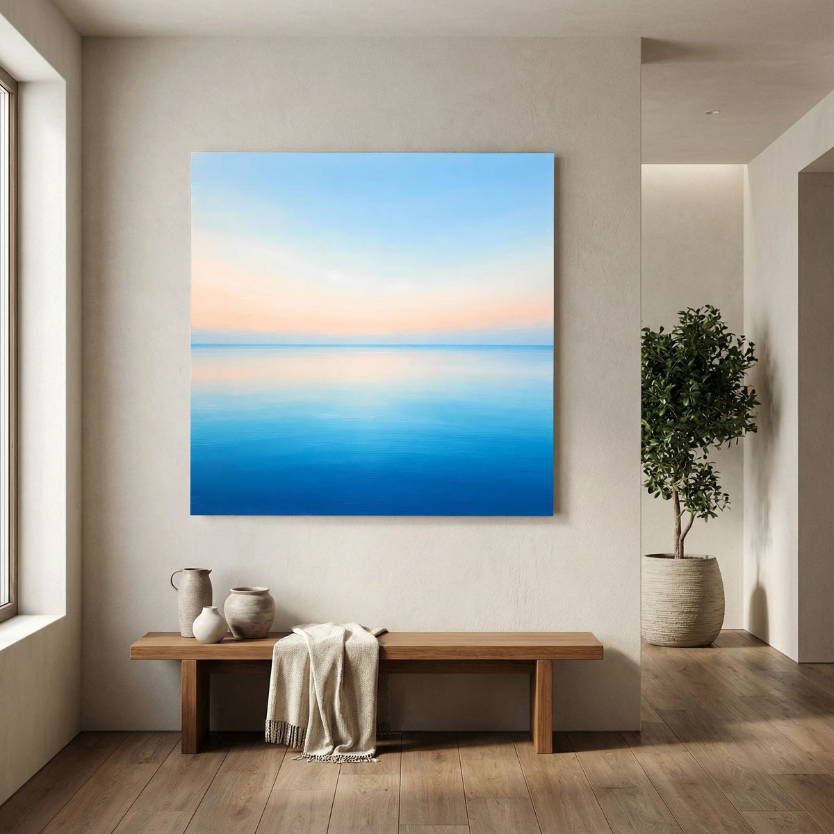Quadratisches Leinwandbild: horizontnahes Meer in Blau, Pfirsich und zartem Rosa