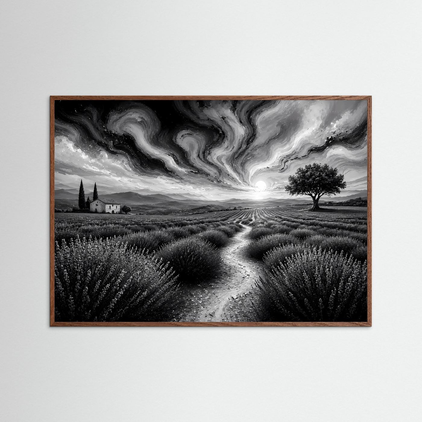 Lavendelfeld in Schwarz-Weiß | Abstrakte Landschaft mit dramatischem Himmel