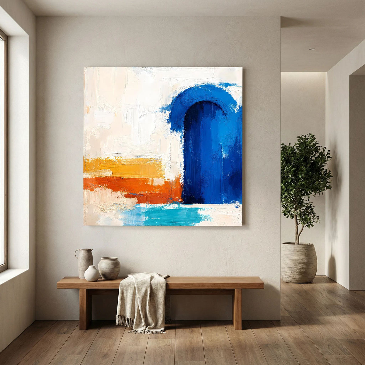 Abstraktes Leinwandbild mit blauem Torbogen, orange und türkisfarbenen Pinselstrichen im Vordergrund